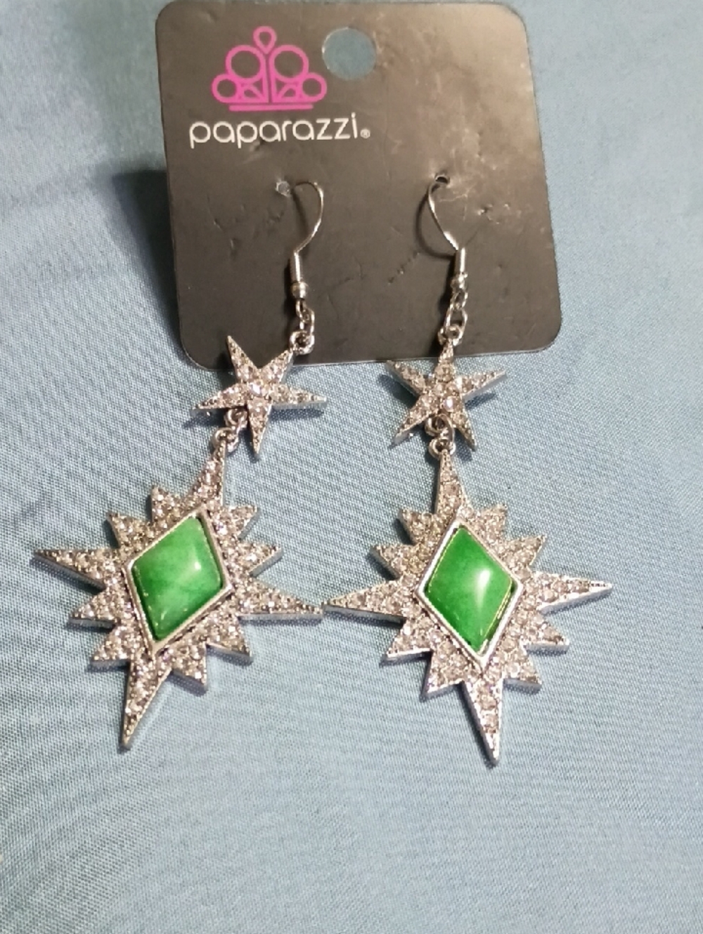 Paparazzi Silver Starburst Earrings with Green Stones